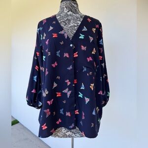 Navy Butterfly Print V-Neck Blouse by Q&A size XL